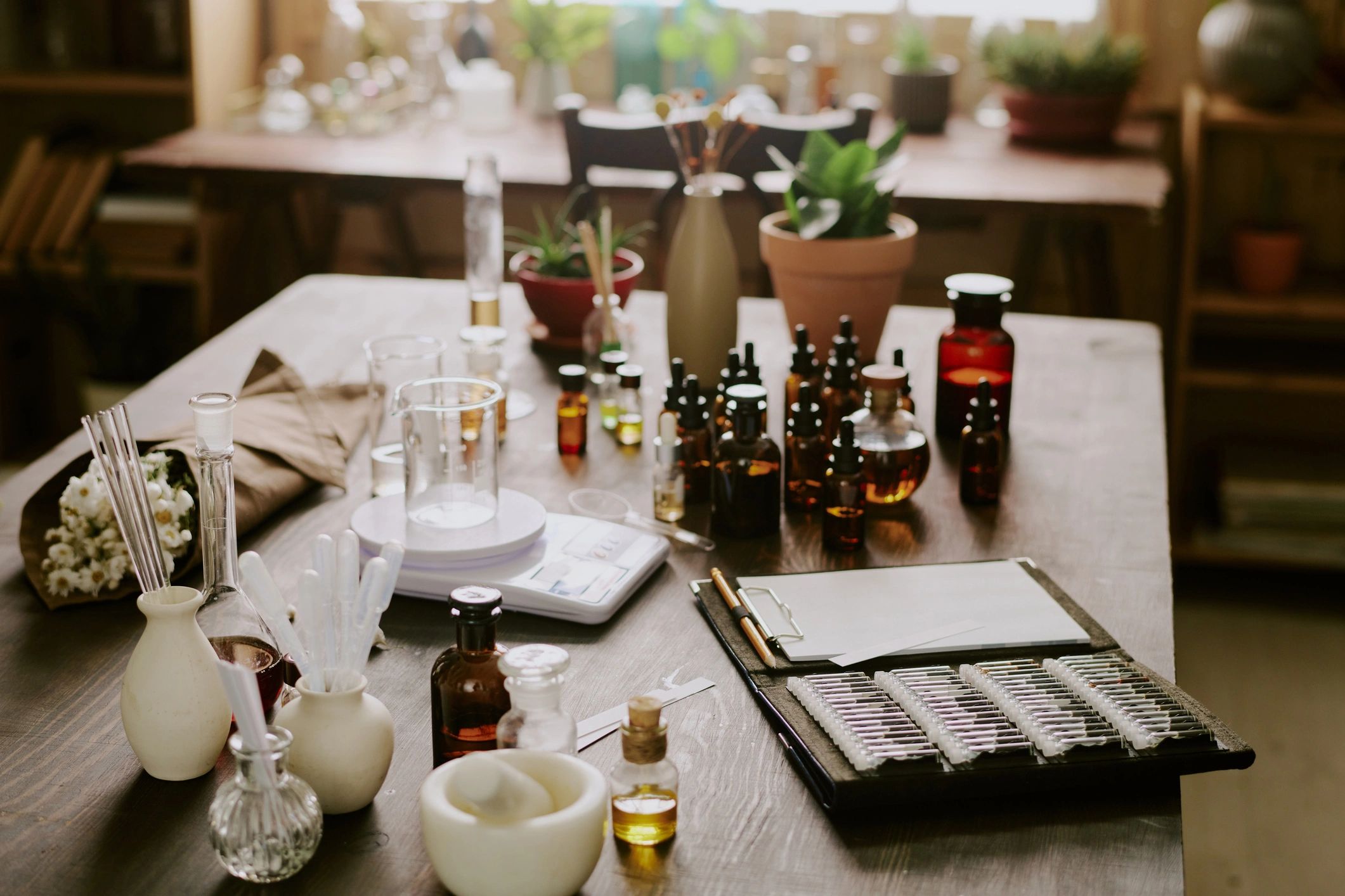 Botanical apothecary bottles arranged on a wooden table